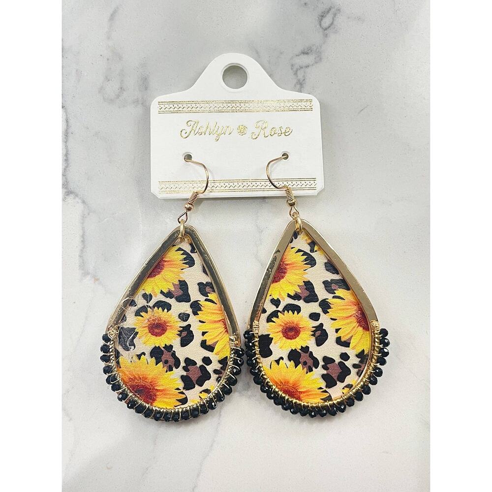 In My Daisy Dukes Sunflower Leopard Black Beads Teardrop Earrings